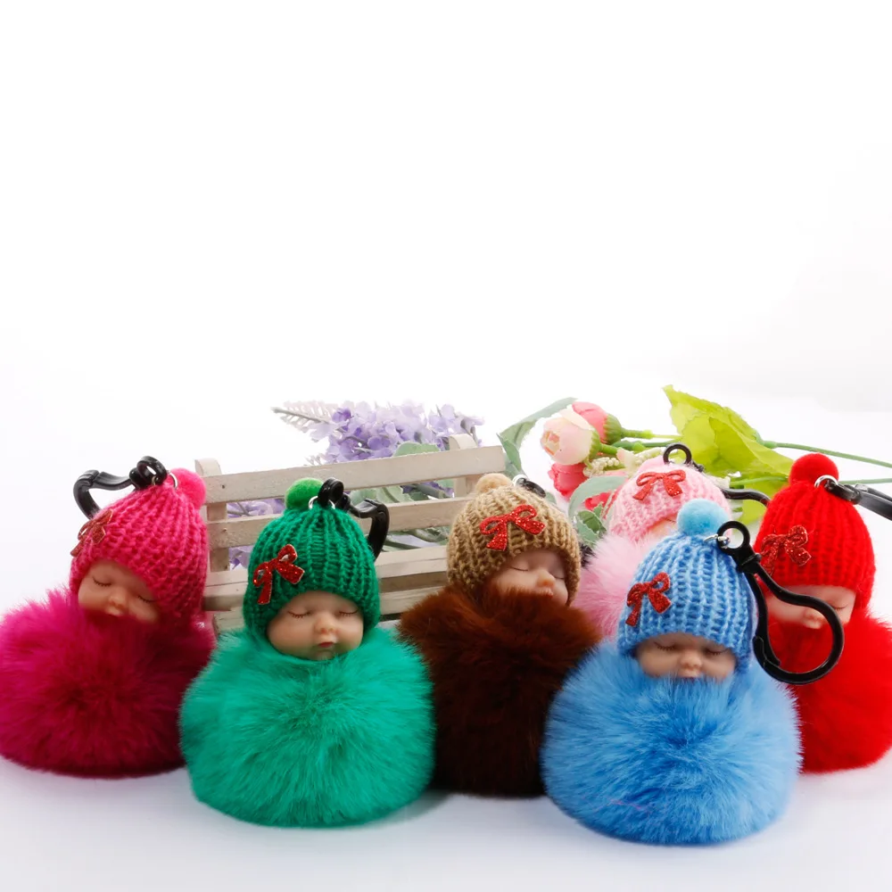 

Hot NEW Sleeping Baby Doll Keychain Pompom Rabbit Fur Ball Key Chain Fluffy Car Keyring porte clef Bag Key Ring Jewelry gift