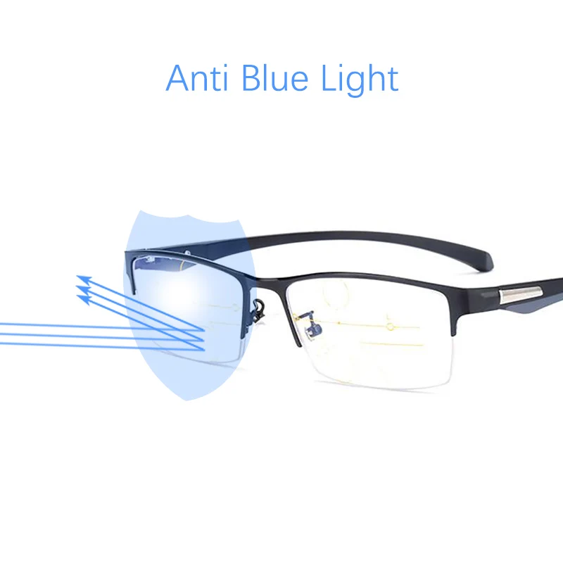 Progressive Glasses Mens Multifocal Reading Glasses Anti-Blue Light Presbyopia High Quality TR90 Half Metal Frame Unbreakable