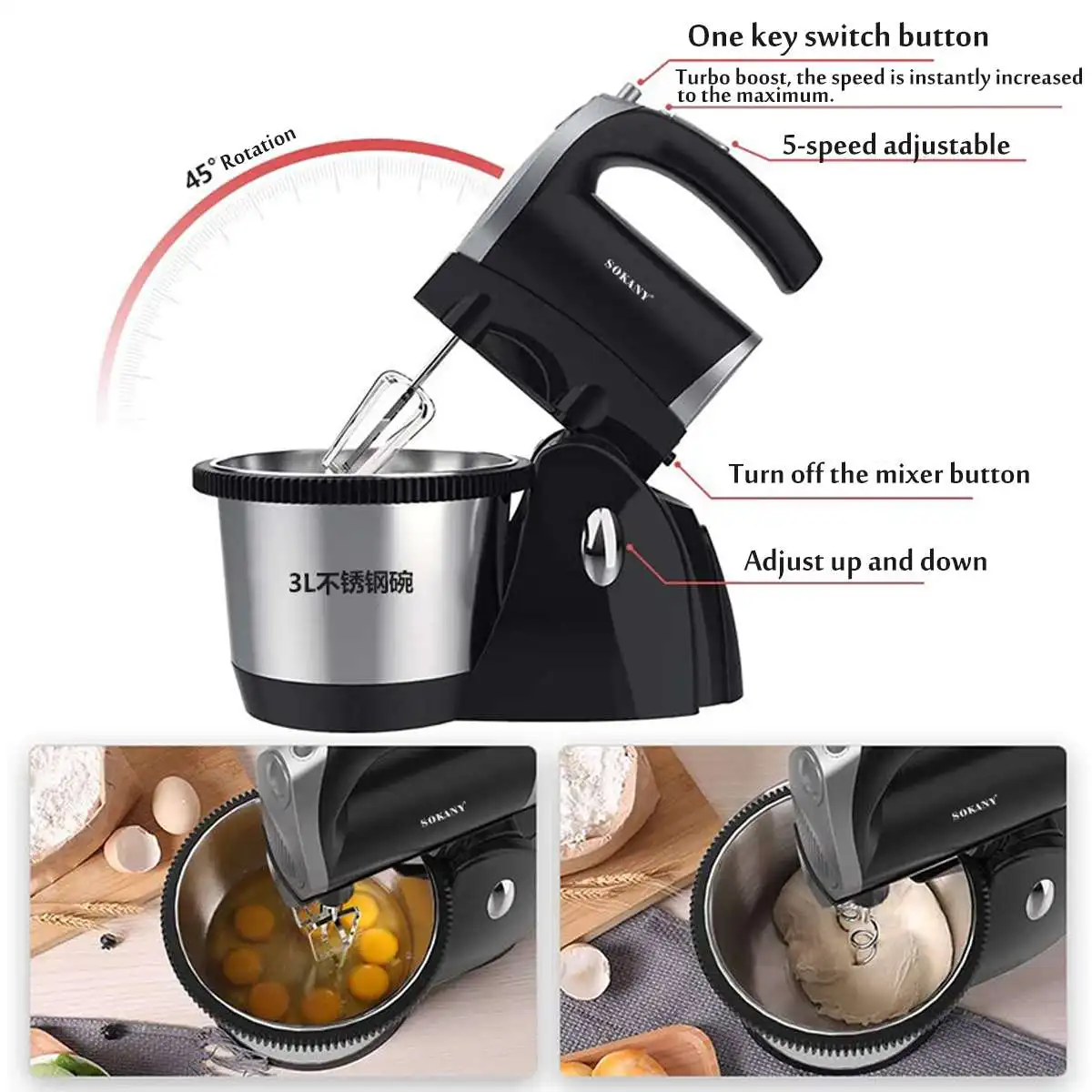 Electric Food Mixer 3L 5 Speed Multi Food Stand Mixer Egg Whisk Dough Cream Blender Whipping Cream Machine Handheld Beater