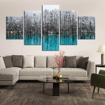 

5 Panel Wall Art Snow Forest Landscape Pictures Lake Abstract Poster Prints Canvas Painting Home Decor For Living Room