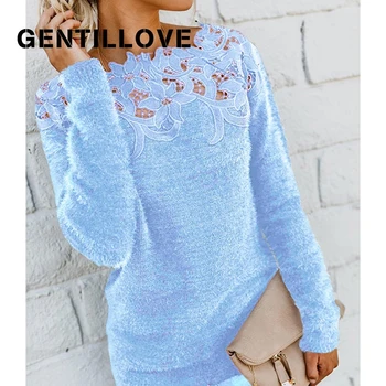 

Gentillove Lace Plush Patchwork Knitted Sweater Elegant Slim Pullover Autumn Winter Casual Jumpers Plus Size Tops 2019 Fashion