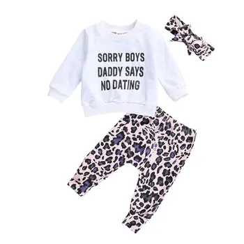 

0-4Y Infant Kids Baby Girl Long Sleeve Letter Print Pullover Sweatshirt Tops Leopard Long Pant 3PCS Outfits Autumn Clothes Set
