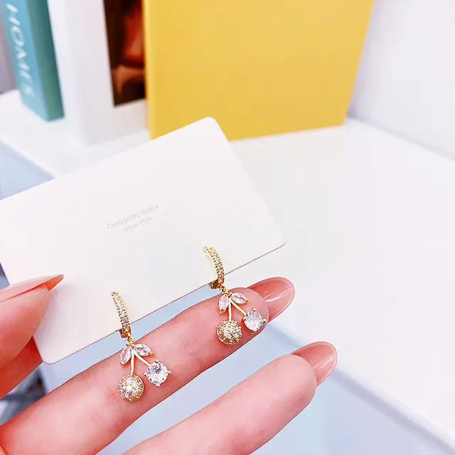 Korea Exquisite Cute Cherry Design Plating 14K Real Gold Ear Stud Elegant Luxury Charm for Lady Trendy Delicate Earrings Gift 2