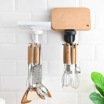 

Kitchen Wall Storage Rack 5 Hook No Drilling Rotary Hook Spatula Spoon Kitchen Utensils Wall Mounted Artifact Rack Storage Shelf