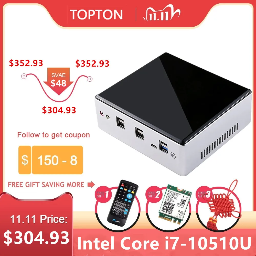 2020 TOPTON New 10th Gen Mini PC Computer Intel i7-10510U 2*DDR4 M.2 SSD 2*LAN 4K HTPC Windows 10 Linux 8*USB USB-C HDMI DP WiFi-0