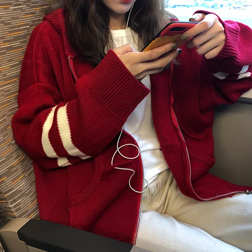 Woherb Harajuku Knitted Cardigan Women Korean Style Modis Striped Print Hooded Sweater Coat Girls Casual Runway Sweaters - Цвет: Бургундия