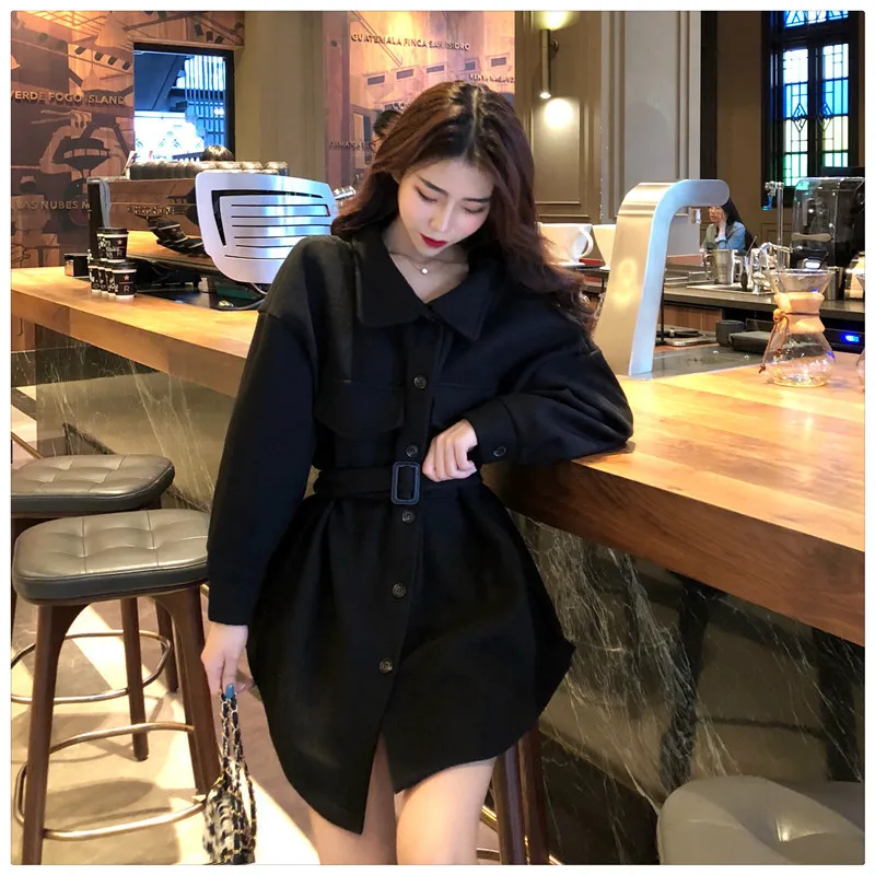 

Photo Shoot 2019 Autumn Clothing New Style Simple Loose-Fit Slimming Mid-length Woolen Cloth Shirt Coat Women's with Belt