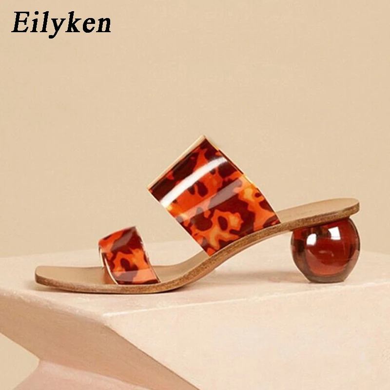 

Eilyken Summer Clear PVC Square Toe Ladies Transparent Crystal Round Ball Heel Slippers Women Leopard Grain Jelly Sandals