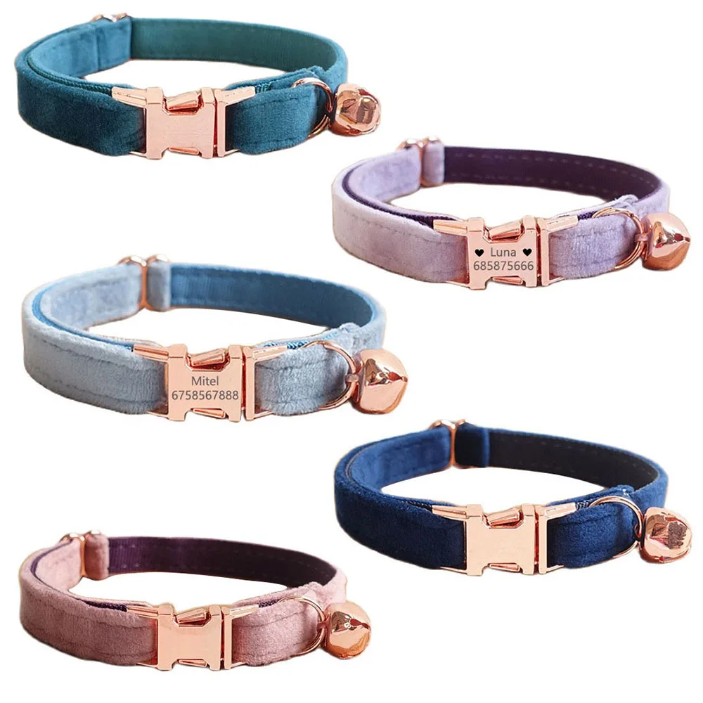 Collar de terciopelo para gato, personalizado, identificación, Collar ajustable para gato, campana, cachorro, Chihuahua, yorkshire