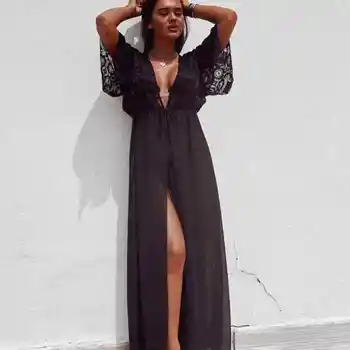 

Bikini Cover up Solid Hollow out Beach Dress Summer Chiffon Swimwear Women Long Sleeve Bathing Suit Cover up Sexy Swimsuit tunic