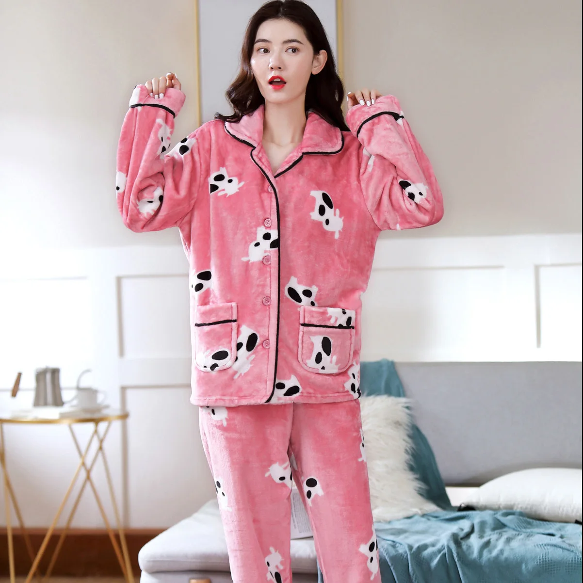 Женские розовые пижамные комплекты женские пижамы толстая фланелевая Милая