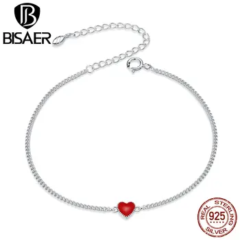 

BISAER Bracelets 925 Sterling Silver Red Heart Adjustable Chain Link Red Enamel Bracelet Wedding Engagment Women Fine Jewelry