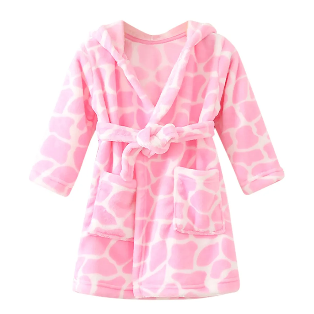 Детское полотенце; банный халат для малышей плотный теплый фланелевый Халат с принтом для мальчиков и девочек; ночной халат; Пижама; Ночная рубашка детская одежда для сна с поясом - Цвет: Pink