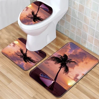

3Pcs/set Bathroom Mat Set Toilet Rug 3D Beach Seascape Coconut Tree Flannel Anti Slip Bath Mat Rugs Home Decor Bathroom Products