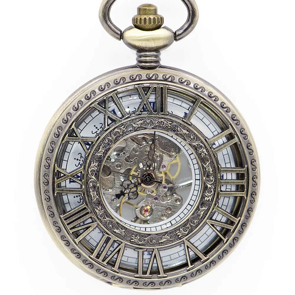 

5Pcs/lot Casual Big Roman Numerals Hollow Case Mechanical Pocket Watch Silver Fob Hand Watch with Chain for Men Women PJX1345