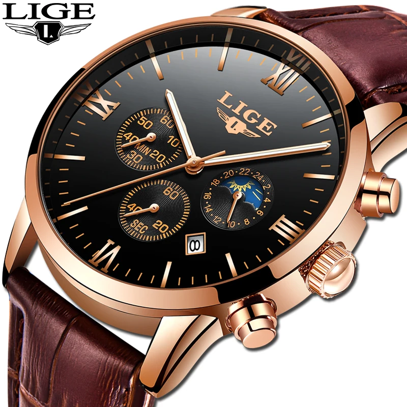 Мужские деловые часы Reloj de hombre LIGE модные кожаные светящиеся многофункциональные