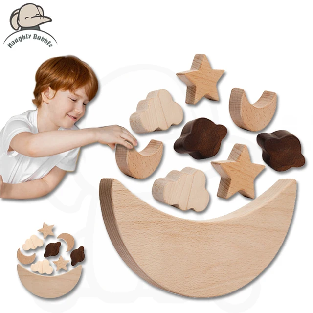 1Set Wooden Stacking Toys for Children Montessori Wooden Blocks DIY Baby Educational Toys Star Moon Balance Constructor Math Toy 1