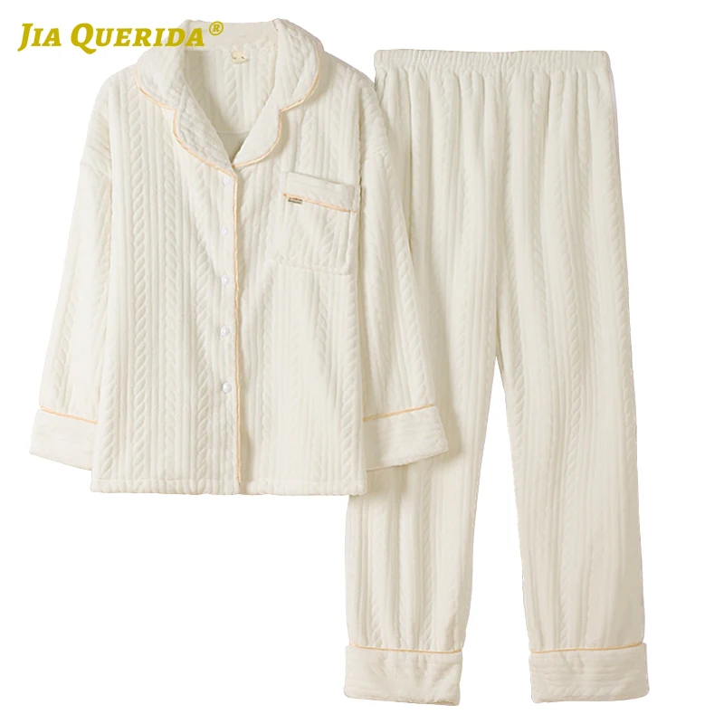 

Winter Fashion Style Casual Style Ladies Homesuit Homeclothes Pjs Woman Solid Flannel Sleepwear Long Sleeve Long Pants Solid
