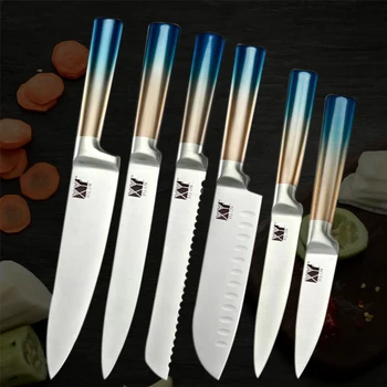 

6PCS New Gradient Color Steel Handel Kitchen Knife Set Damascus Chef's Knife Japanese Salmon Slicing Meat Cleaver Santoku Knives