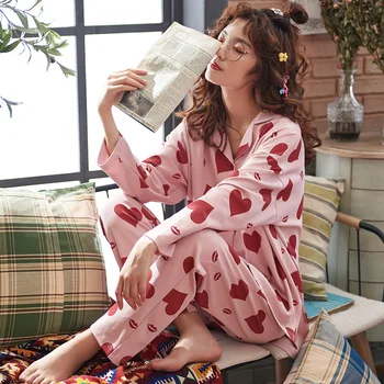 

Pajamas Women's Autumn New Cardigan Lapel Korean Sweet Love Pattern Cotton Home Service Suit Pizama Damska Nuisette Femme 2020