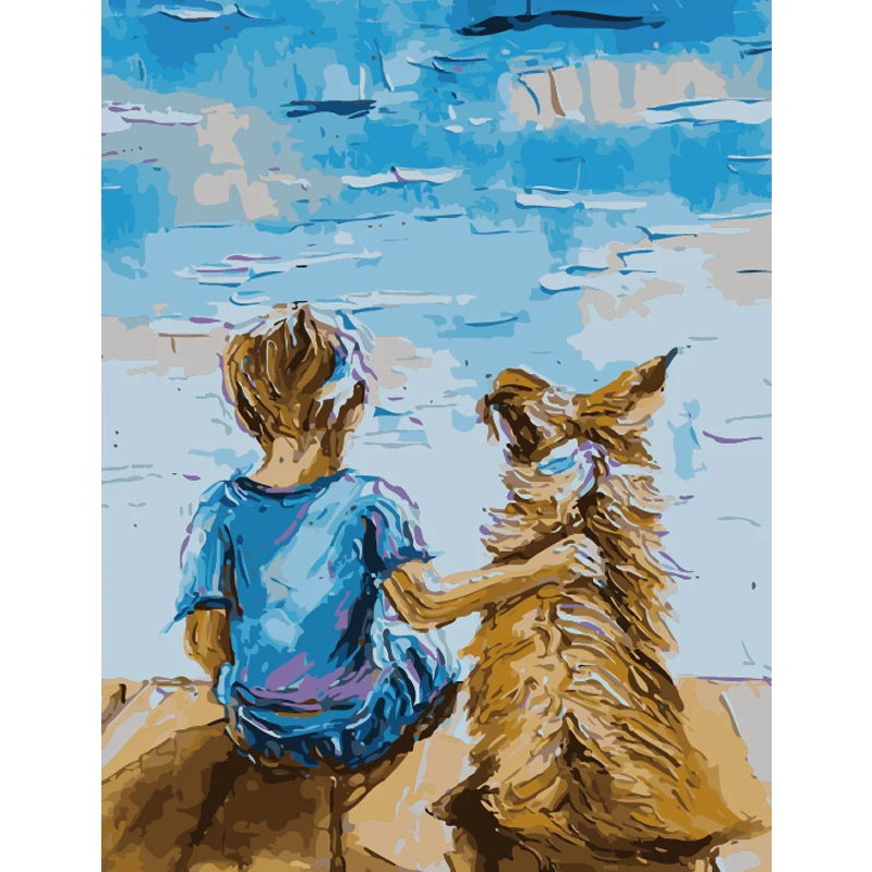 Shore boy and dog рисунок краска по номерам DIY масляная большой размер подарок на день