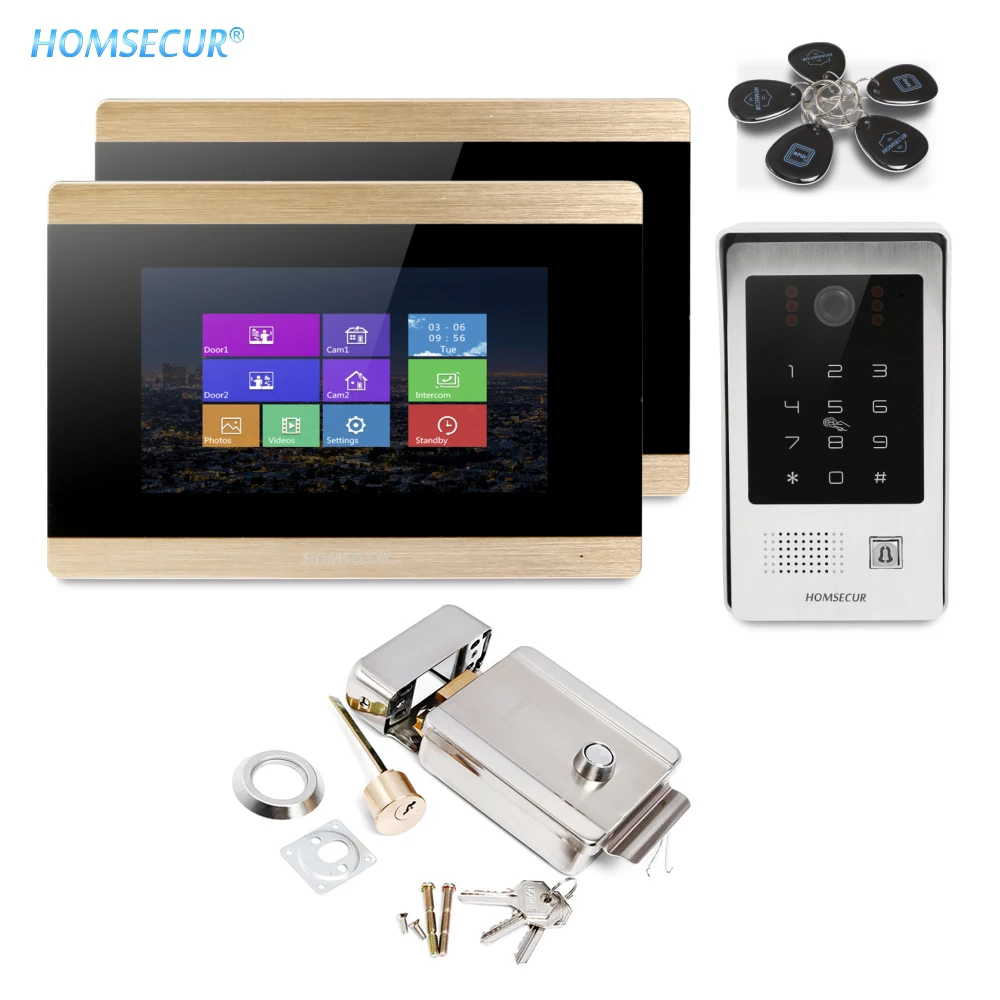 HOMSECUR 7\Video Door Intercom System Waterproof Camera with Password Keypad RFID Unlock Fail Secure Rim Lock with Keys Included