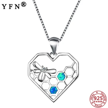 

YFN 925 Sterling Silver Bee&Heart Pendant Necklace Created Opal 925 Silver Chain Women's Jewelry Valentine's Day Gift Mom's Gift