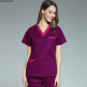 

Pure Cotton Color Blocking Scrub Top Doctor Nurse Vet Medical Uniforms Short Sleeve V Neck Side Vent Shirt with Big Pockets