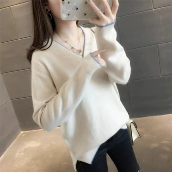 

Knitted Long Sleeve Women's Loose Sweater New 2020 Spring And Autumn V-neck Top Striped Sweater Thin Bottoming Shirt