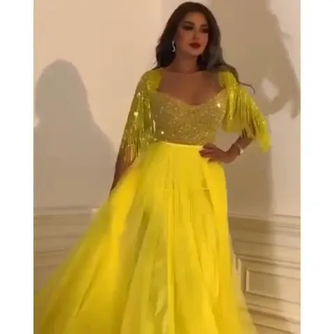 Блестящие желтые Дубаи вечерные одежды с пайетками бисером Половина рукава плюс размер формальный длинный тюлевый Выпускной платья вечерние торжественные платья