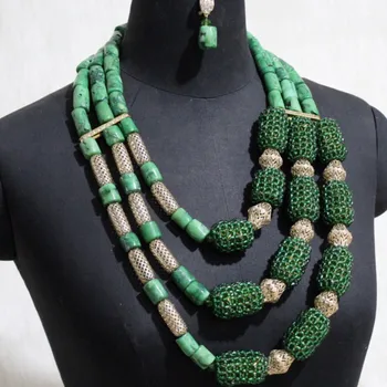 

Dudo African Jewelry Sets New Designs 3 Layers Big Coral Beads Designs in Nigeria Green and Gold Women Bridal Necklace Set 2019