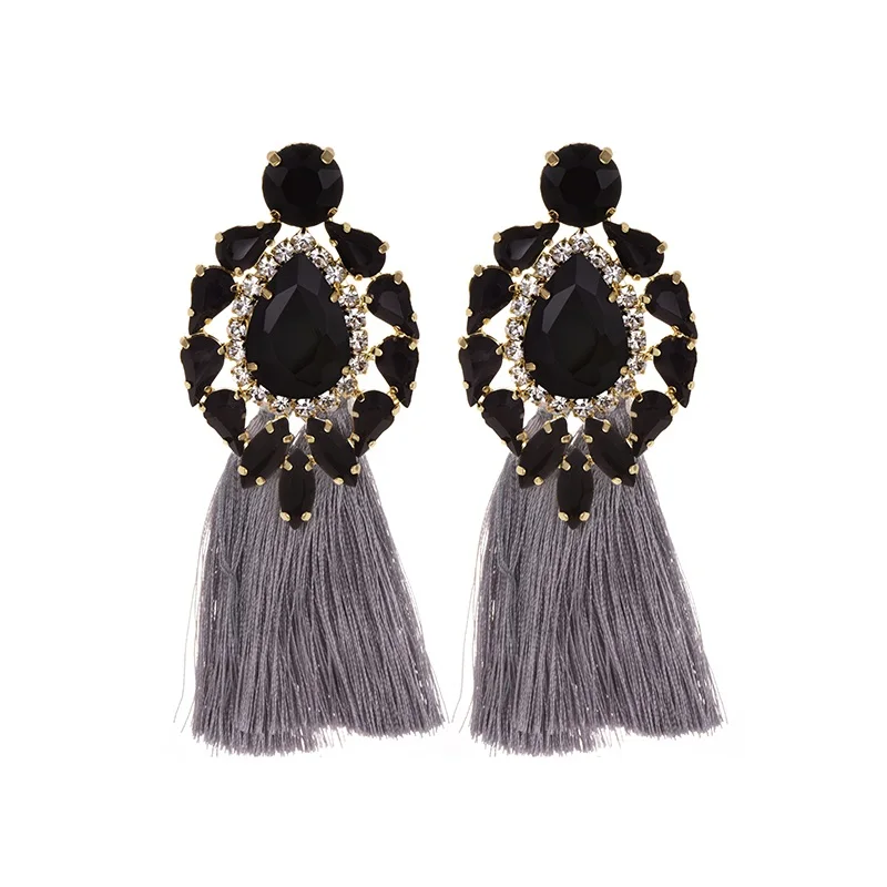 Handmade blue Big Crystal Flower Earring Vintage Ethnic Bohemian Rhinestone Long Tassel Drop Dangle Earrings for Women Jewelry - Metal Color: black gray
