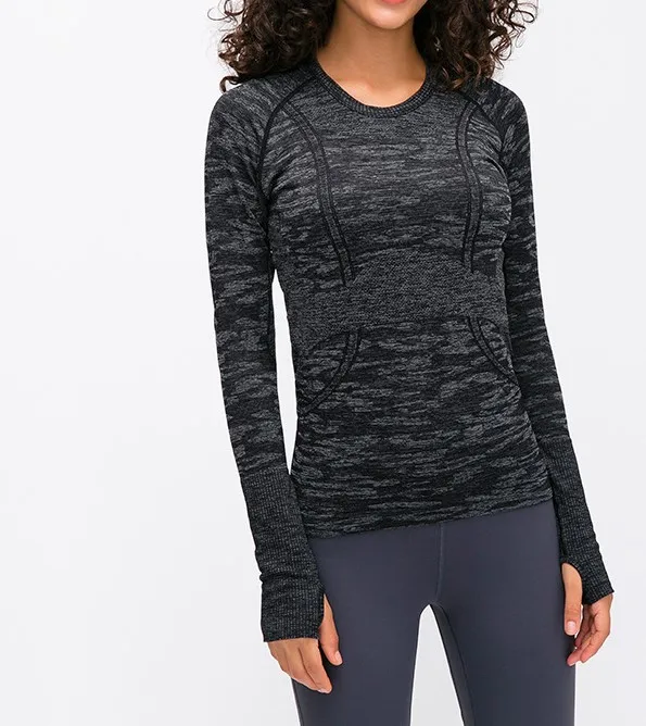 Хорошее качество, Женский Топ с длинным рукавом для йоги, фитнеса, тренировок, спортзала, спортивная одежда, активный топ для бега - Цвет: black gray top