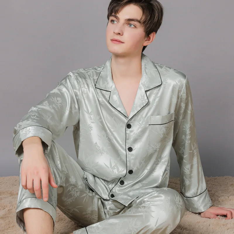 

Spring Jacquard Satin Pajamas Set 2PCS Men Sleepwear Lounge Wear Spring New Pyjamas Shirt&Pants Casual Nightwear Home Clothes