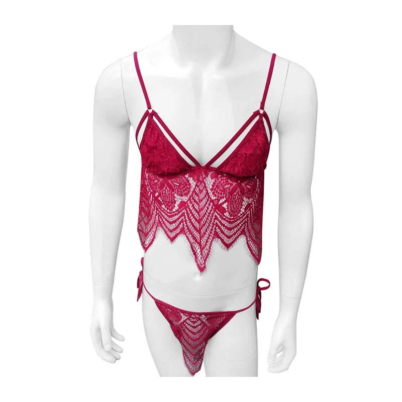 

Open Crotch Sissy Erotic Lingerie For Mens Sleepwear See Through Babydoll With Thong Floral Lace Sexy Nightwear Set