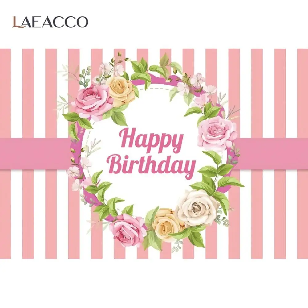 

Pink Stripes Happy Birthday Wreath Portrait Photo Backdrops Of Baby Shower Customized Photographic Backgrounds For Photo Studio