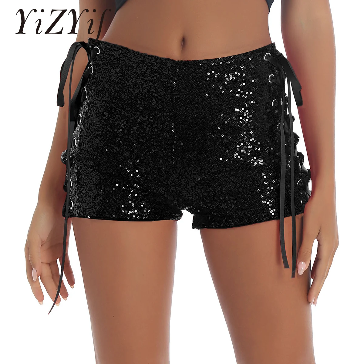 

Women Glitter Sequins Side Lace-Up Hot Sexy Mini Shorts Nightclub Party Festival Rave Pole Dancing Stage Performance Costume