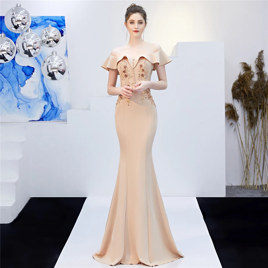 apricot Вечернее платье с вырезом лодочкой размера плюс Robe De Soiree DX265-2, длинное тонкое вечернее платье русалки, вечернее платье с открытыми плечами - Цвет: apricot