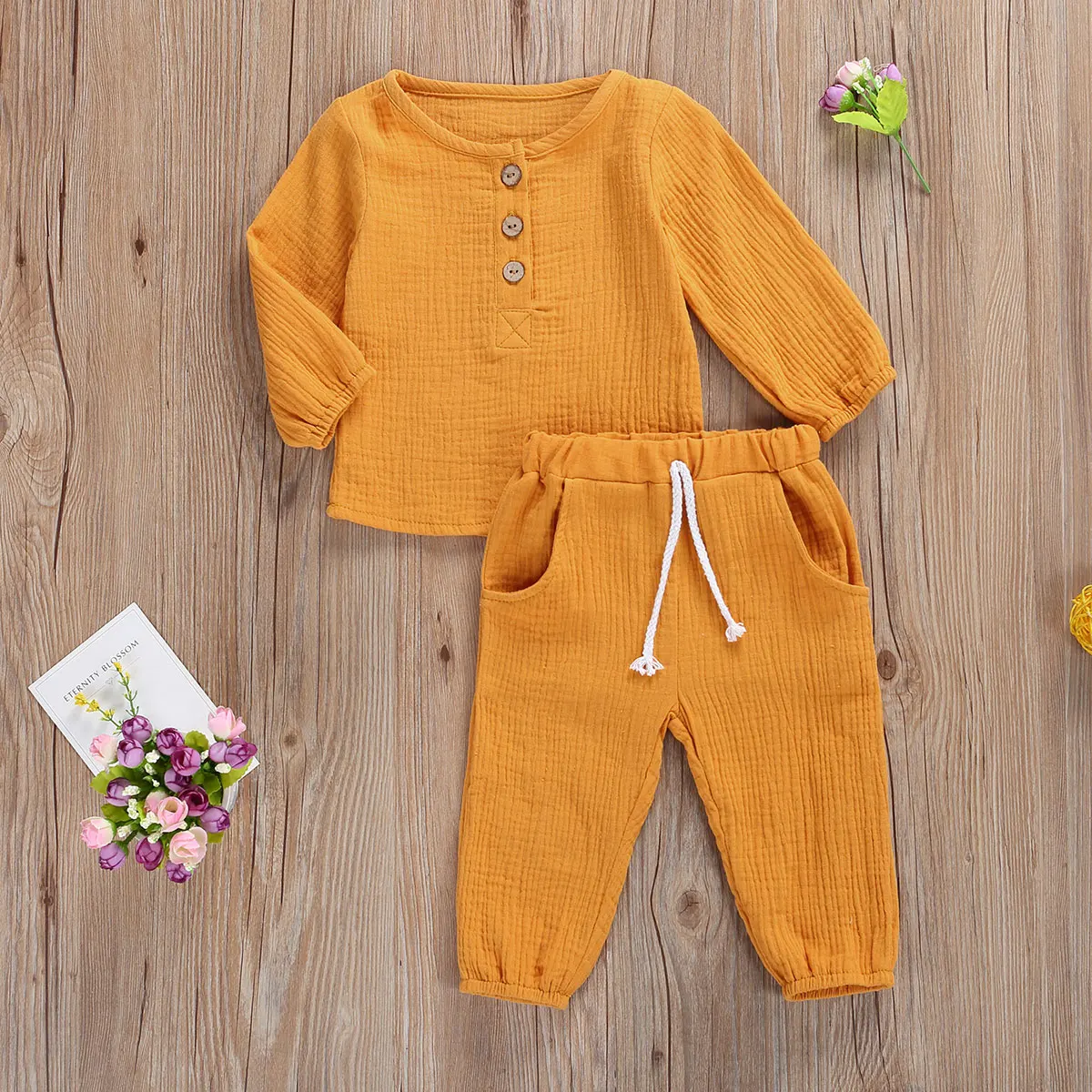 Fashion Autumn Kids Baby Girls Boys Outfit Suit Cotton Linen Solid Casual Toddler Infant Long Sleeve Tops+Pants Clothes Set 3