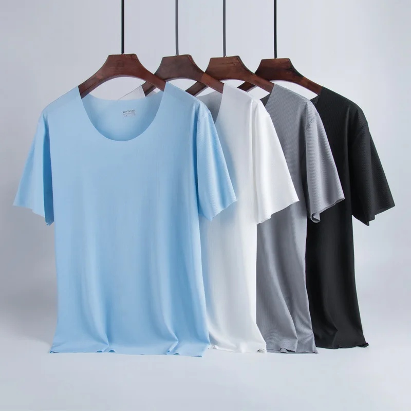 

Men's high quality summer artificial ice silk men's cold sports home jacket round collar casual T - shirt wholesale