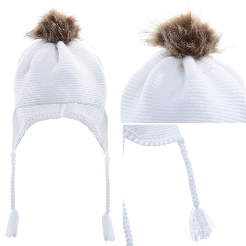 Дети маленьких девочек зимний теплый вязанный вязаная шапка, шапочка с массивным Кепки - Цвет: Белый