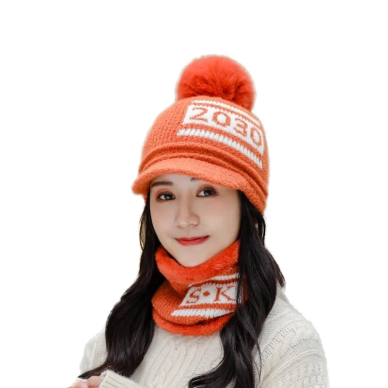 

Winter Hat Ring Scarf Set For Women Beanies Hats Girls Plus Velvet Warm Caps Female Thick Plush Knitted Hats Outdoor Riding Sets