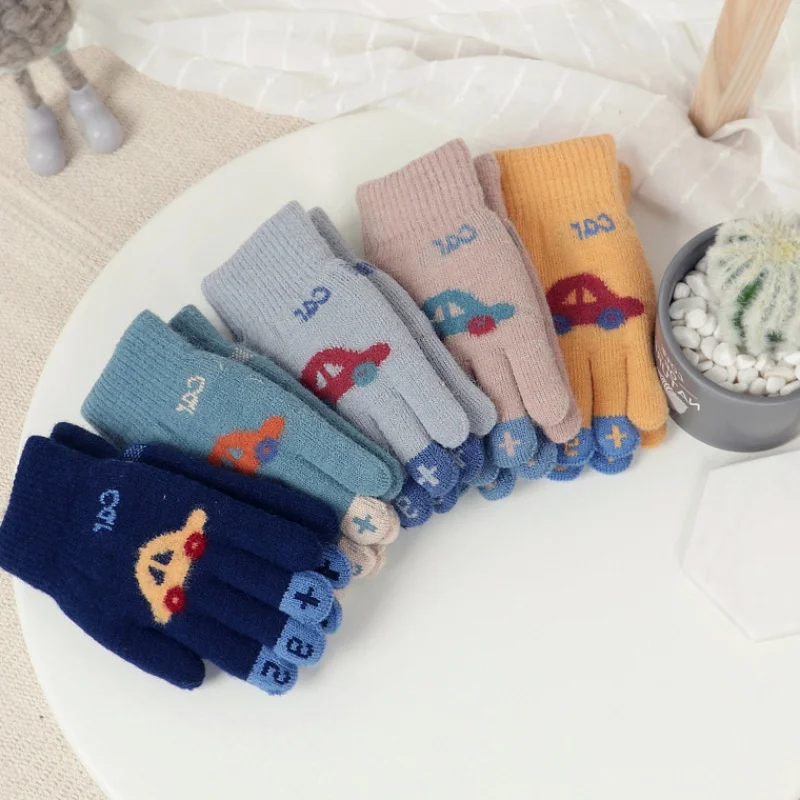 Children Winter Gloves For 4-8 Years Boys Girls Mittens Knitted Soft Warm Cute Cartoon Car