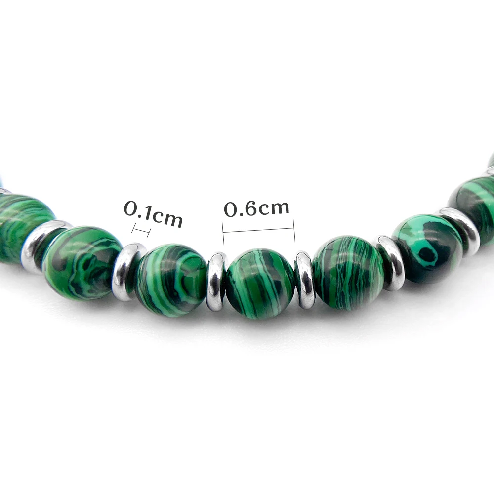 Runda Men's Natural Stone Bracelet Malachite 6mm with Stainless Steel Adjustable Size 22cm Handmade Bead Bracelet for Women