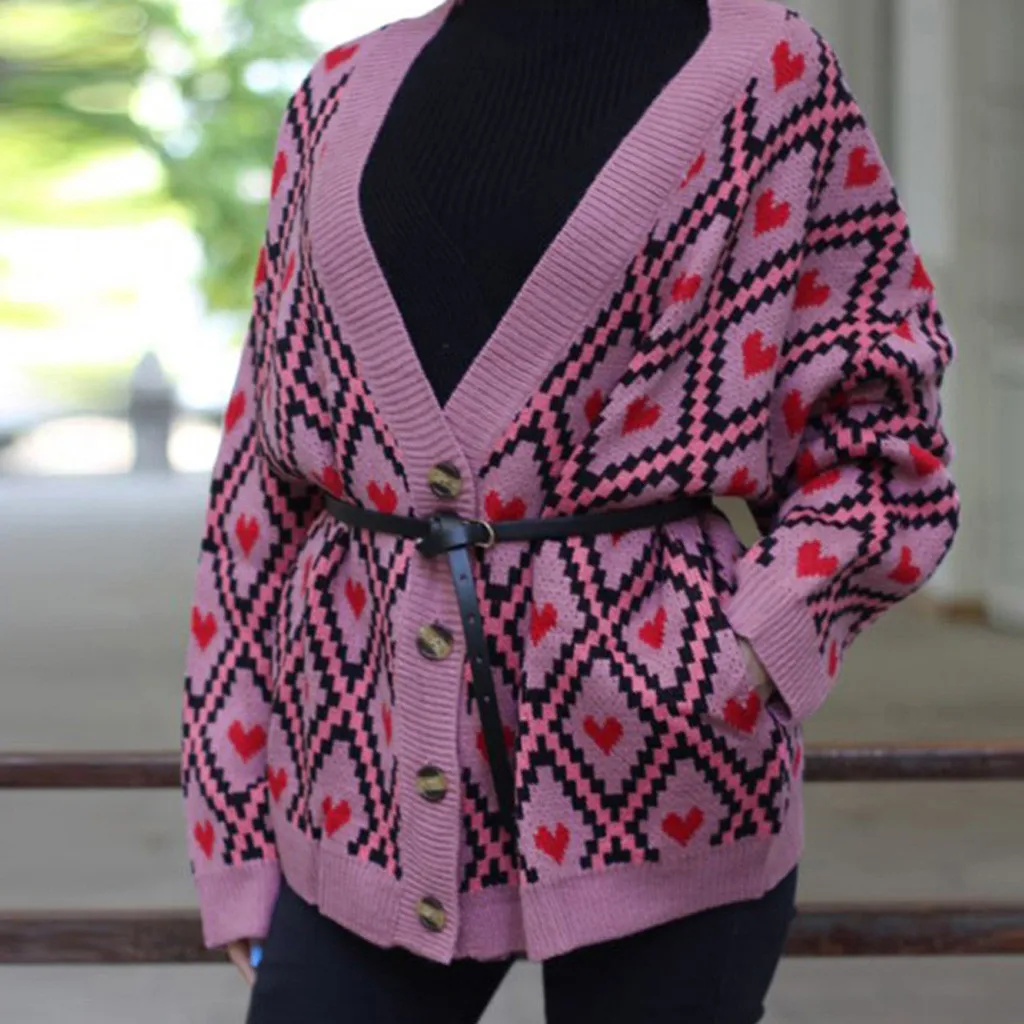 MUQGEW Women Fashion Floral Print Female Cardigan Autumn Winter Warm Love Print Knitted Temperament Buckle Sweater Jacket