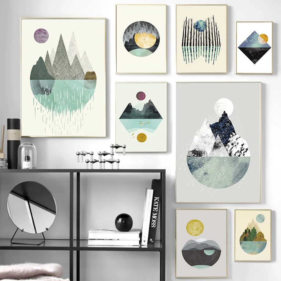Abstract Mountain Water Forest Sun Wall Art Canvas Painting Nordic Posters And Prints Landscape Pictures Kids Room Decor | Дом и сад