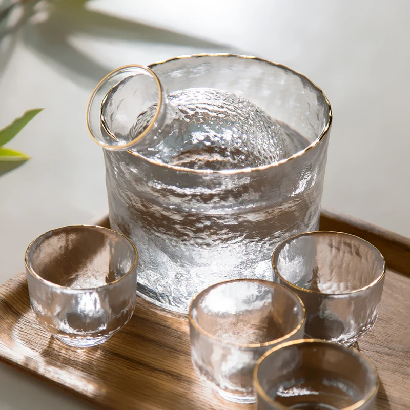 Japanese Sake Set Hammer Pattern Glass Gold Rimmed Cup Wine Warmer Korean Soju Cup Tequila Pot Whisky Domestic Wine Set