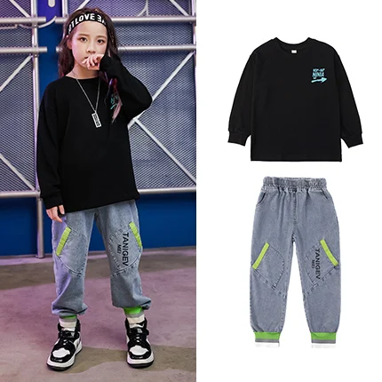 2020 Boys Hip-Hop Dance Clothes Kids Summer Loose Long-Sleeved T-Shirt Vest Jean Pants Children Jazz Street Wear Stage Outfits (4)