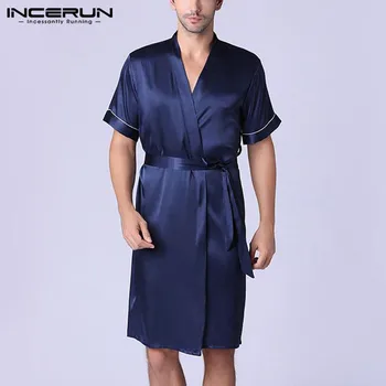 

INCERUN 2020 Men Robes Lounge Sleepwear Short Sleeve V Neck Kimono Solid Breathable Fashion Bathrobe With Belt Men Pajamas S-5XL