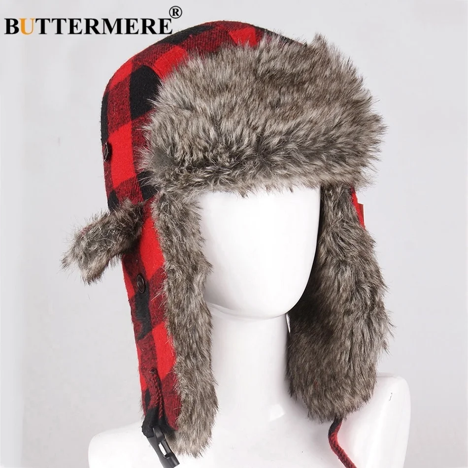 Зимняя меховая шапка для мужчин и женщин, красная теплая шапка-ушанка, ветрозащитная русская меховая шапка, толстая клетчатая шапка-ушанка, шапка-бомбер черного и синего цвета